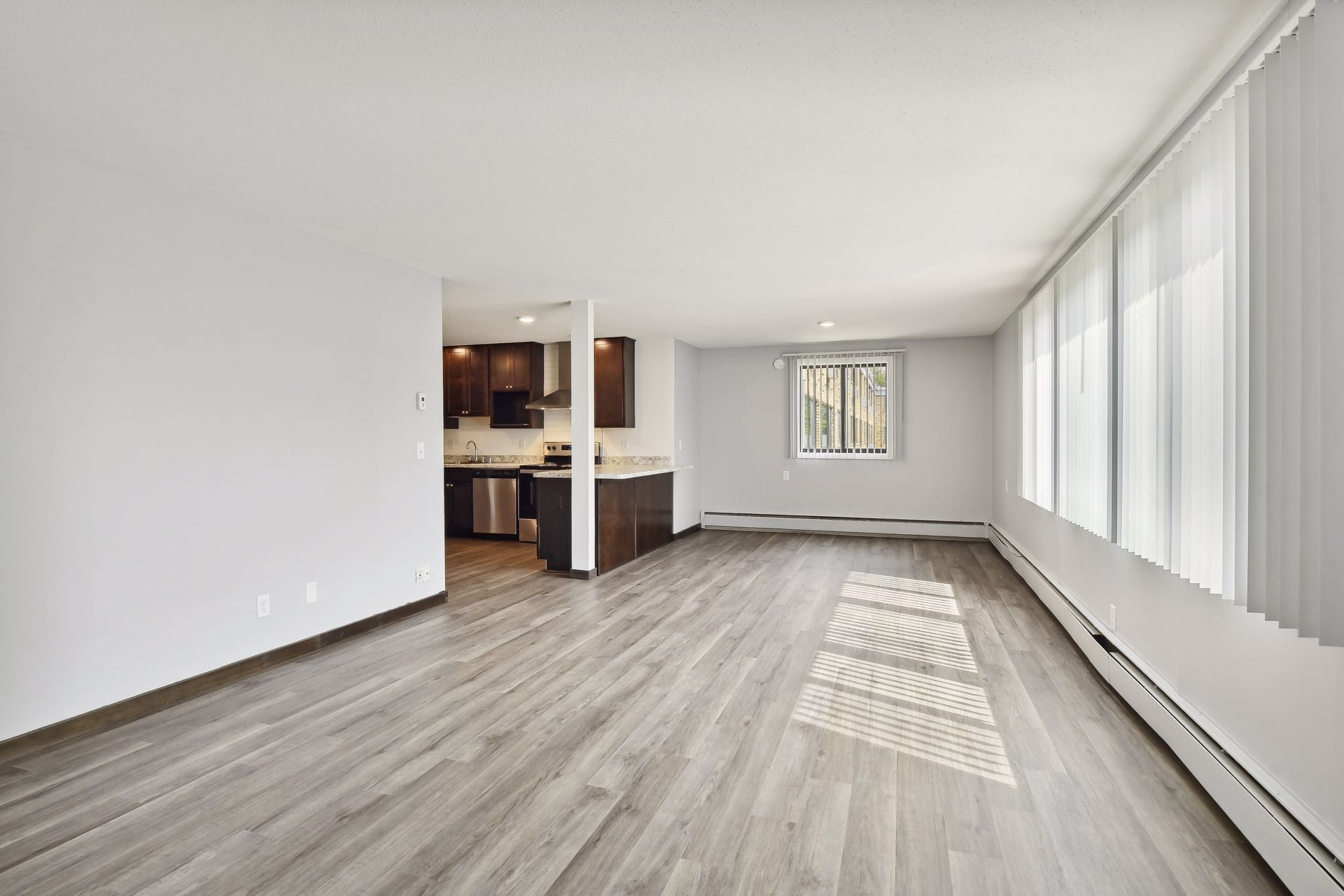 Empty living roomw with large windows